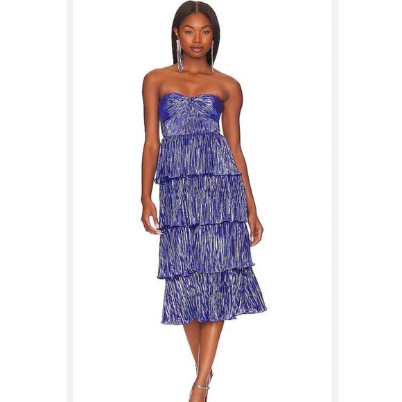 NWOT Lovers and Friends Mya Midi Tiered Blue Metallic Dress Women's Size M - Picture 1 of 10